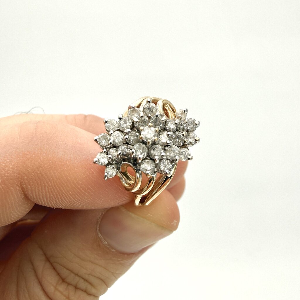 14k Yellow Gold Stepping Swirl Diamond Cluster Ring