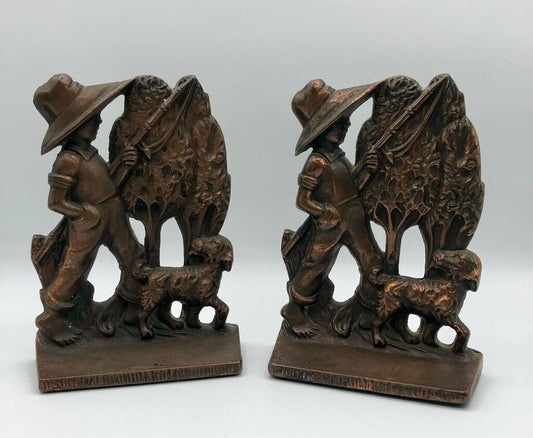 Vtg 1920s/ 1930s Verona Boy & Dog Fishing Day Bronzed Cast Iron Bookends /b