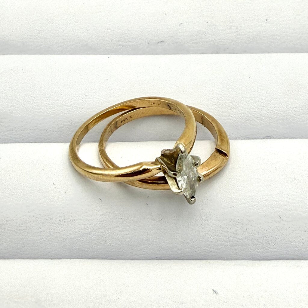 Set of 3 Yellow Gold 14k Wedding Bands w/ Marquise Cut Diamond Engagement Ring