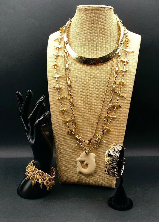 6pc Vtg Set Gold Plated Quality Costume Jewelry Necklaces & Bracelets /b