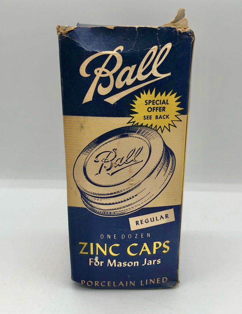 7pc Ball Mason Jar Zinc Caps w/ Porcelain Liners & Original Box /b