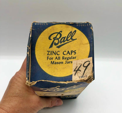 7pc Ball Mason Jar Zinc Caps w/ Porcelain Liners & Original Box /b
