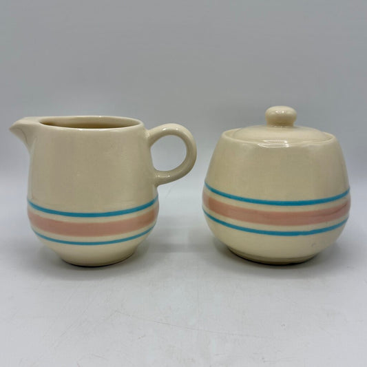 Vintage McCoy Cream Glaze Pink & Blue Stripes Covered Sugar Bowl and Creamer Set /cb