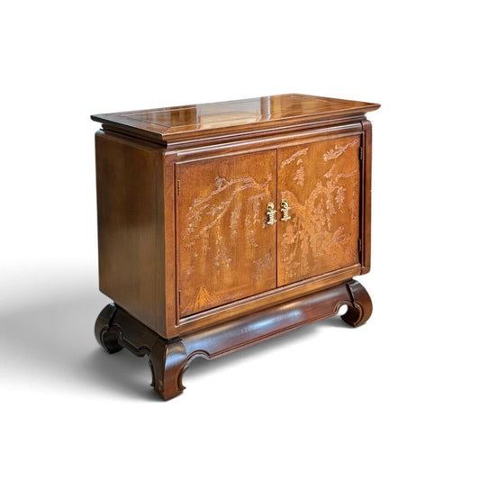 East Asian Style Dark Wood Etched Cabinet With Gold Accent Knobs