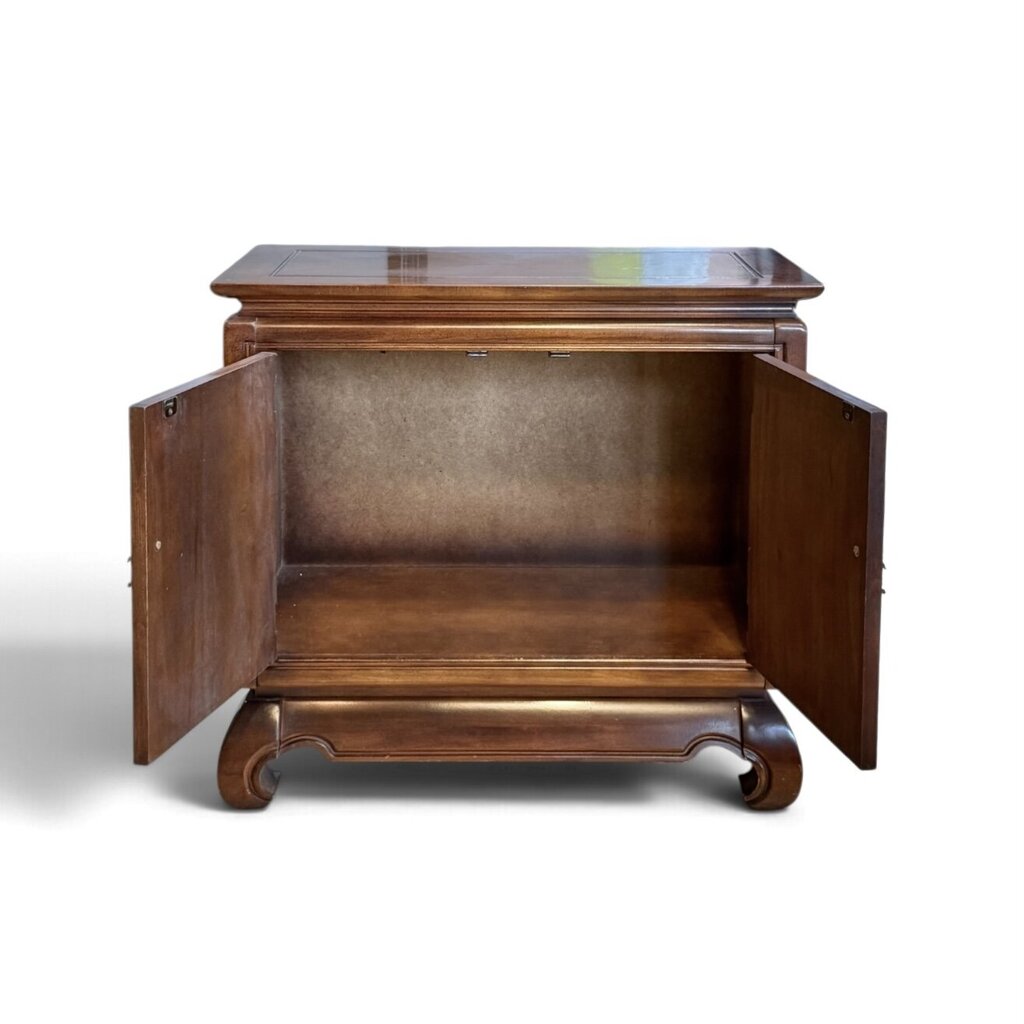 East Asian Style Dark Wood Etched Cabinet With Gold Accent Knobs