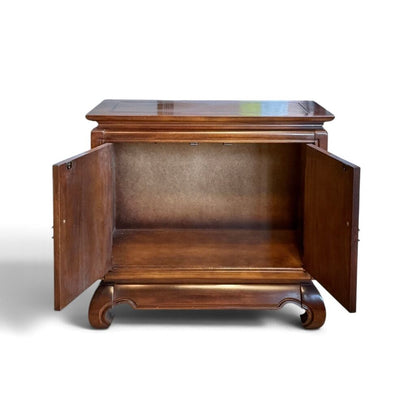 East Asian Style Dark Wood Etched Cabinet With Gold Accent Knobs