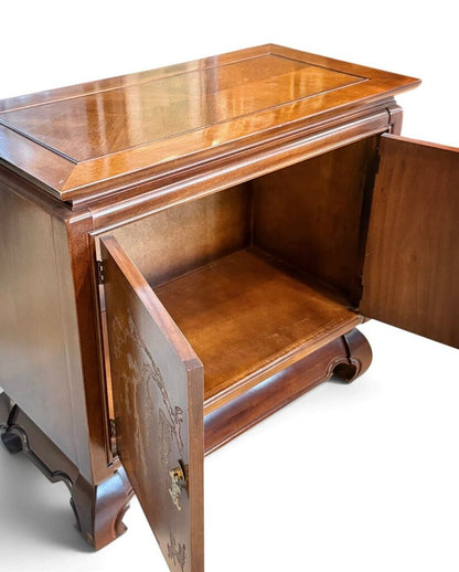 East Asian Style Dark Wood Etched Cabinet With Gold Accent Knobs