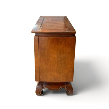 East Asian Style Dark Wood Etched Cabinet With Gold Accent Knobs