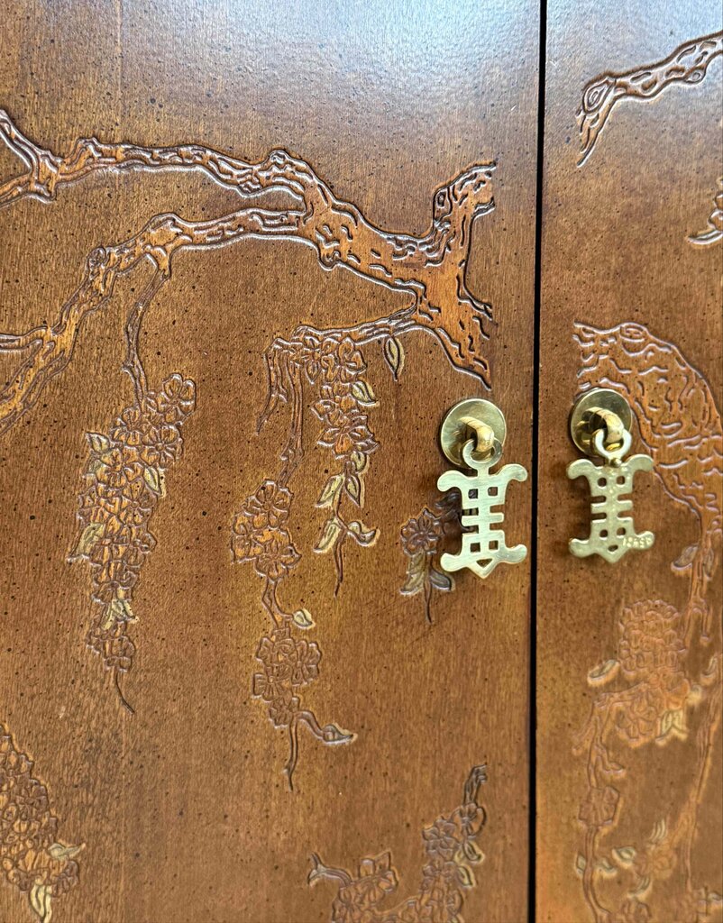 East Asian Style Dark Wood Etched Cabinet With Gold Accent Knobs