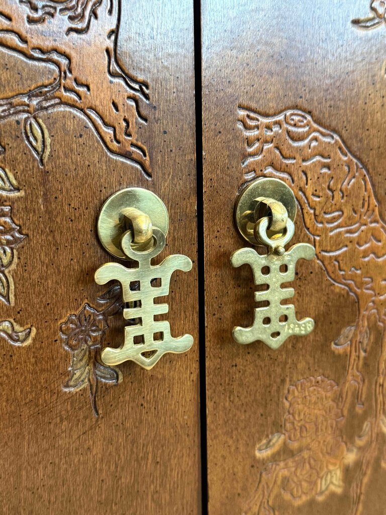 East Asian Style Dark Wood Etched Cabinet With Gold Accent Knobs