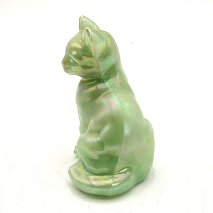Fenton Opaque Green Iridescent Art Glass Cat Figurine