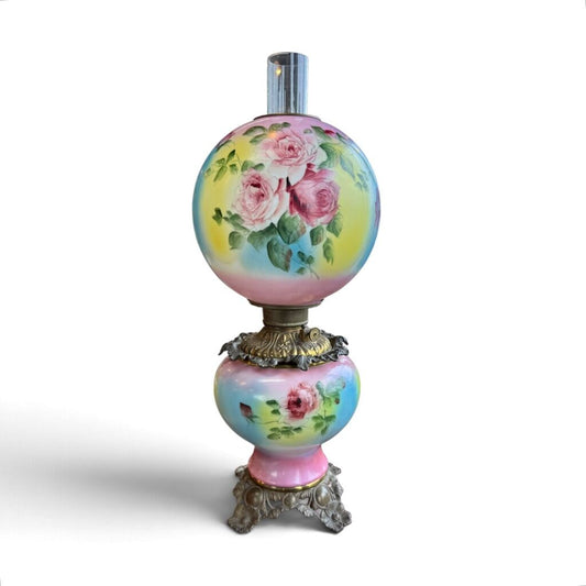 Antique Hand Painted Multi-colored Rose Floral Globe Glass Parlor Lamp