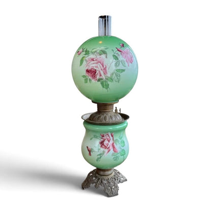 Antique Hand Painted Green & Pink Chrysanthemum Floral Globe Glass Parlor Lamp