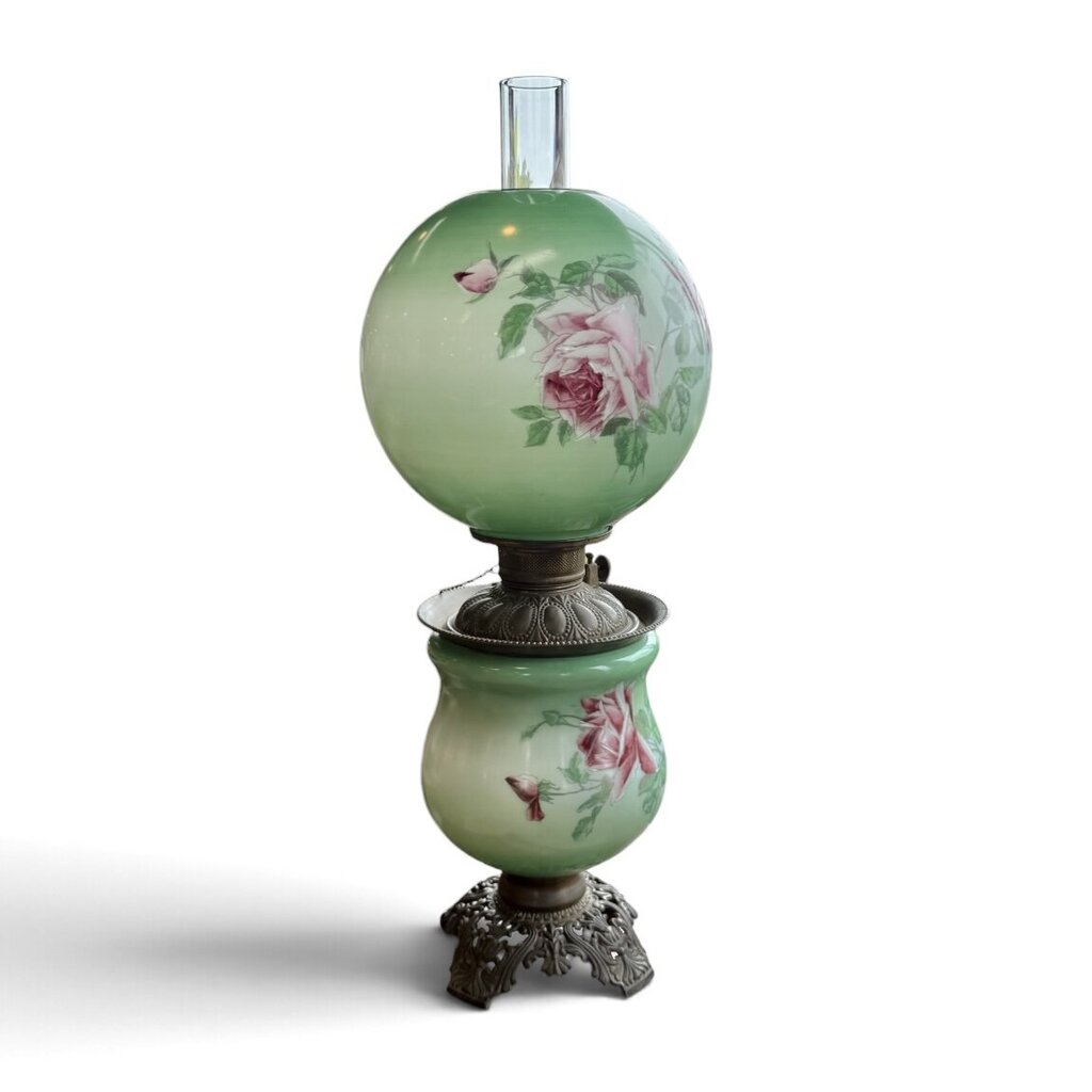 Antique Hand Painted Green & Pink Chrysanthemum Floral Globe Glass Parlor Lamp
