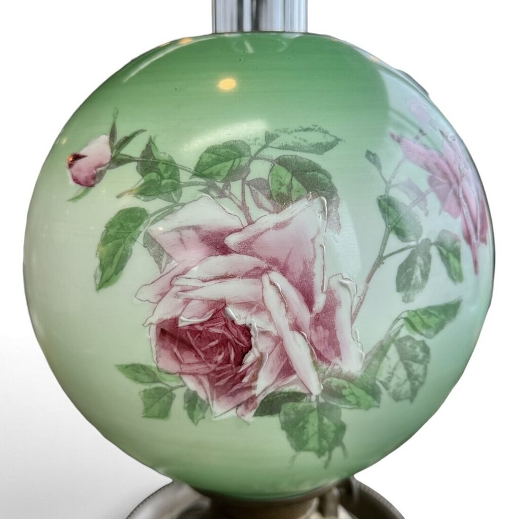 Antique Hand Painted Green & Pink Chrysanthemum Floral Globe Glass Parlor Lamp