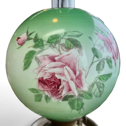 Antique Hand Painted Green & Pink Chrysanthemum Floral Globe Glass Parlor Lamp