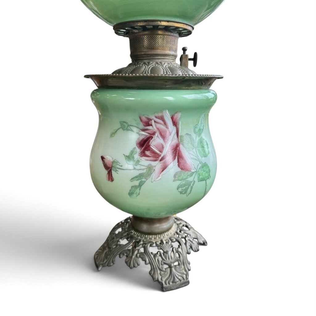 Antique Hand Painted Green & Pink Chrysanthemum Floral Globe Glass Parlor Lamp