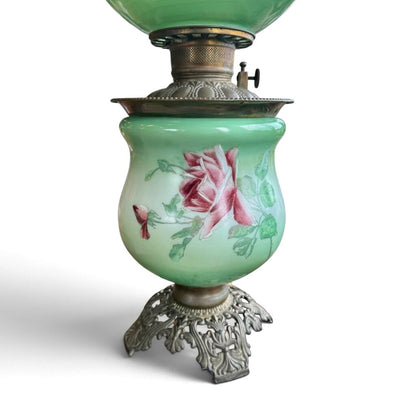 Antique Hand Painted Green & Pink Chrysanthemum Floral Globe Glass Parlor Lamp