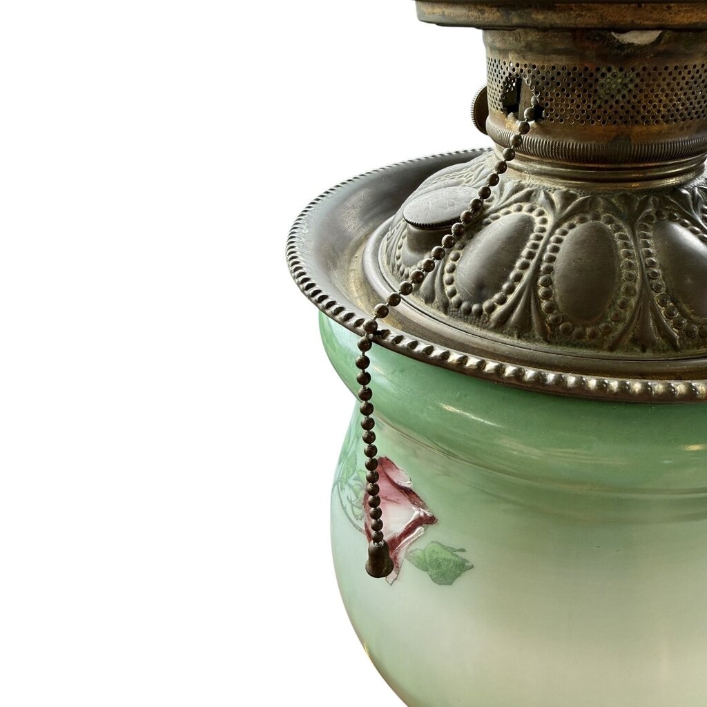 Antique Hand Painted Green & Pink Chrysanthemum Floral Globe Glass Parlor Lamp
