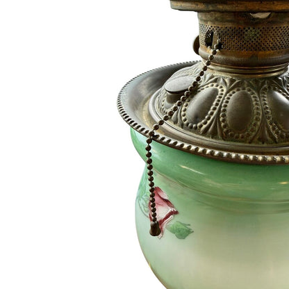Antique Hand Painted Green & Pink Chrysanthemum Floral Globe Glass Parlor Lamp