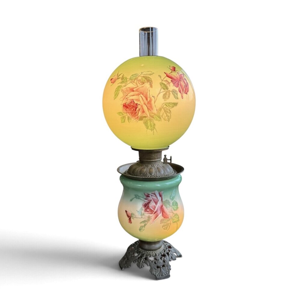 Antique Hand Painted Green & Pink Chrysanthemum Floral Globe Glass Parlor Lamp