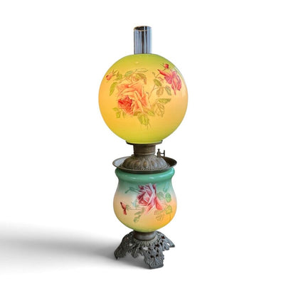 Antique Hand Painted Green & Pink Chrysanthemum Floral Globe Glass Parlor Lamp