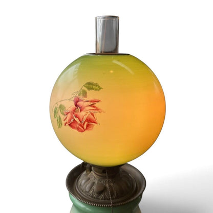 Antique Hand Painted Green & Pink Chrysanthemum Floral Globe Glass Parlor Lamp