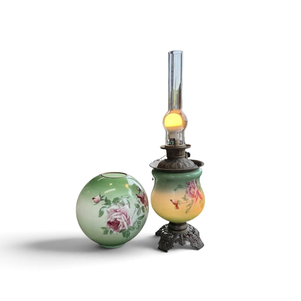 Antique Hand Painted Green & Pink Chrysanthemum Floral Globe Glass Parlor Lamp