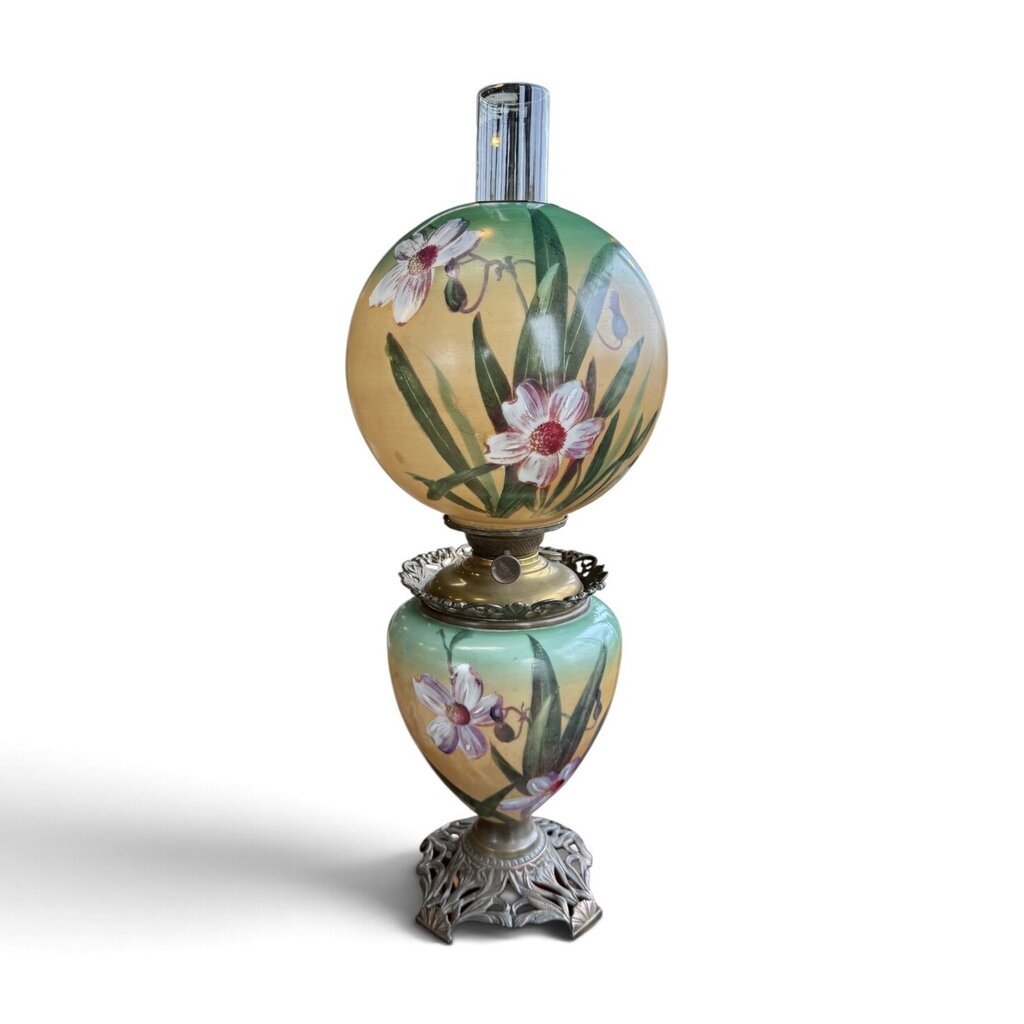 Antique Hand Painted Floral Orange & Green Glass Globe Parlor Lamp