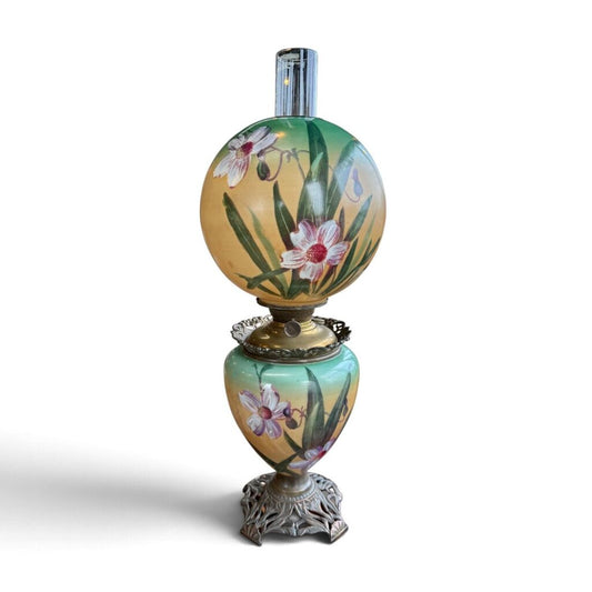 Antique Hand Painted Floral Orange & Green Glass Globe Parlor Lamp