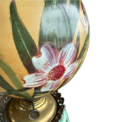 Antique Hand Painted Floral Orange & Green Glass Globe Parlor Lamp