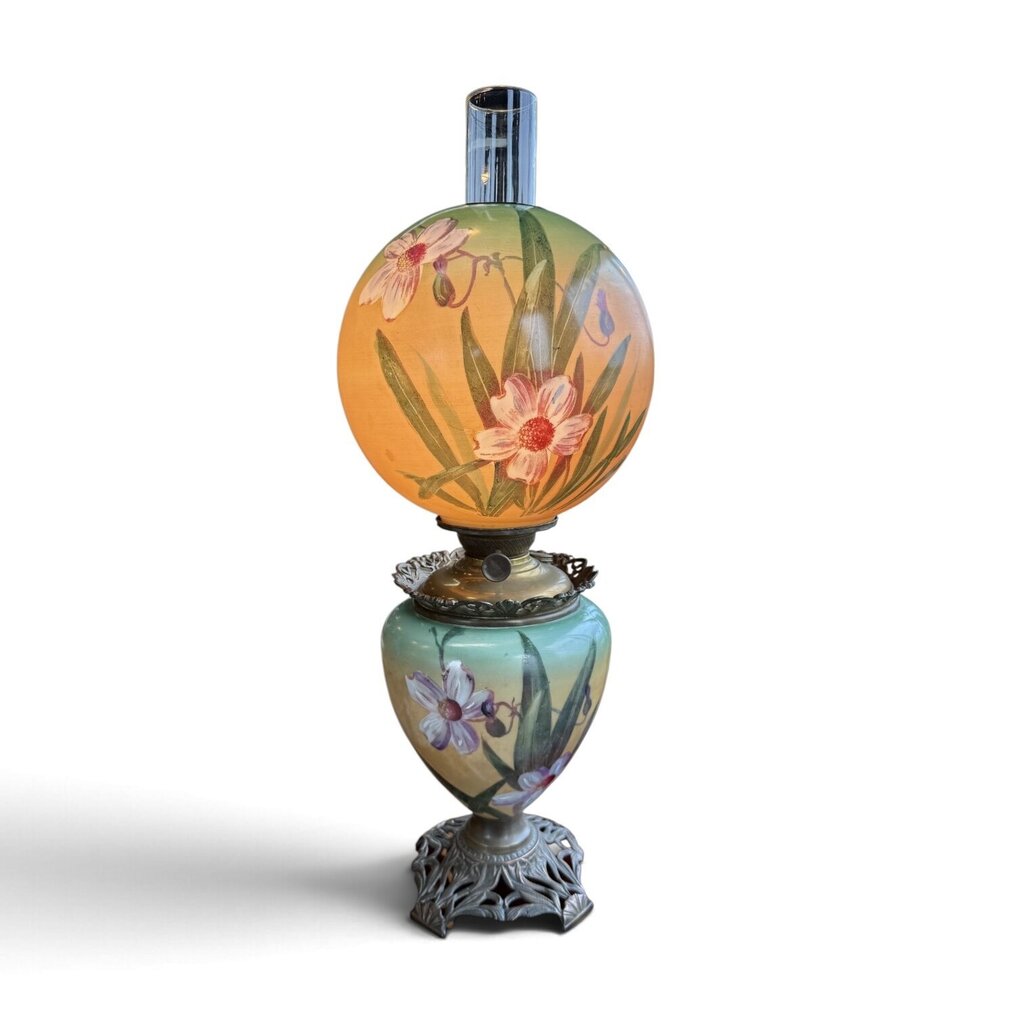 Antique Hand Painted Floral Orange & Green Glass Globe Parlor Lamp