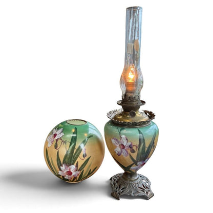 Antique Hand Painted Floral Orange & Green Glass Globe Parlor Lamp