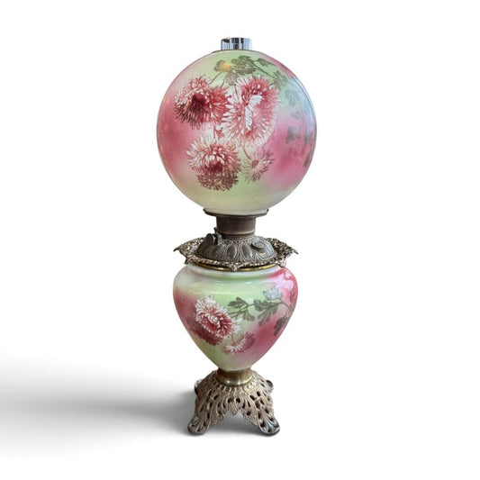 Antique Hand Painted Rose Floral Green & Pink Globe Glass Parlor Lamp