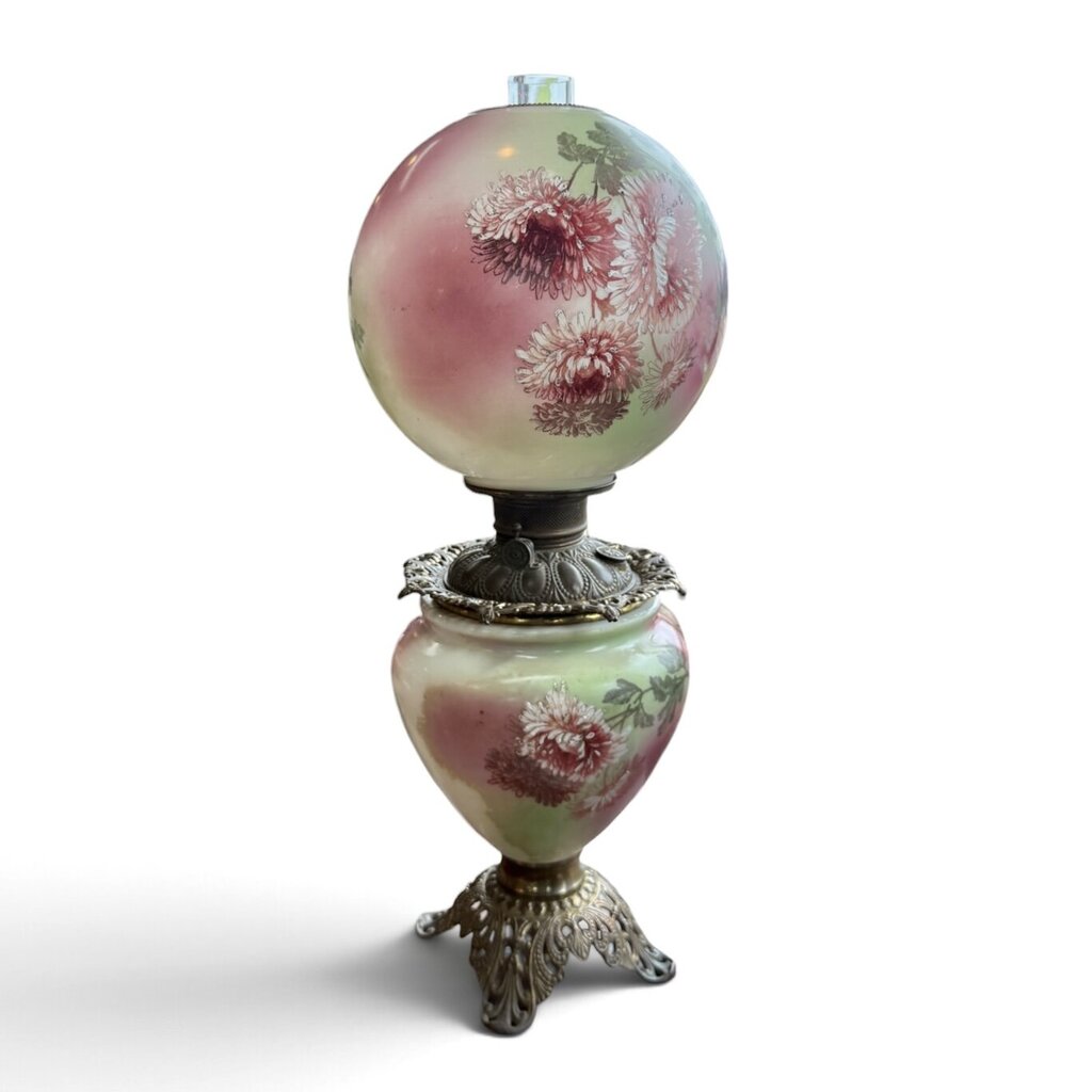 Antique Hand Painted Rose Floral Green & Pink Globe Glass Parlor Lamp