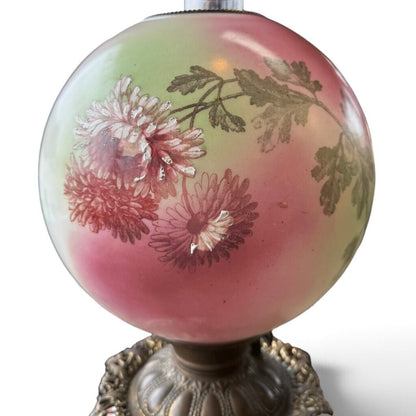 Antique Hand Painted Rose Floral Green & Pink Globe Glass Parlor Lamp
