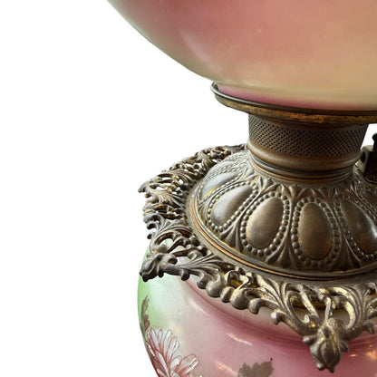 Antique Hand Painted Rose Floral Green & Pink Globe Glass Parlor Lamp