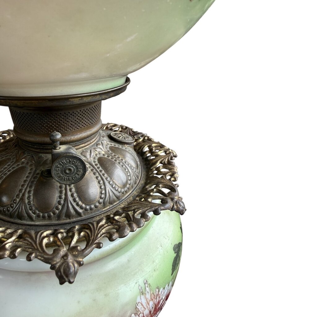 Antique Hand Painted Rose Floral Green & Pink Globe Glass Parlor Lamp