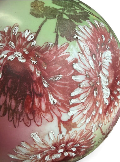 Antique Hand Painted Rose Floral Green & Pink Globe Glass Parlor Lamp