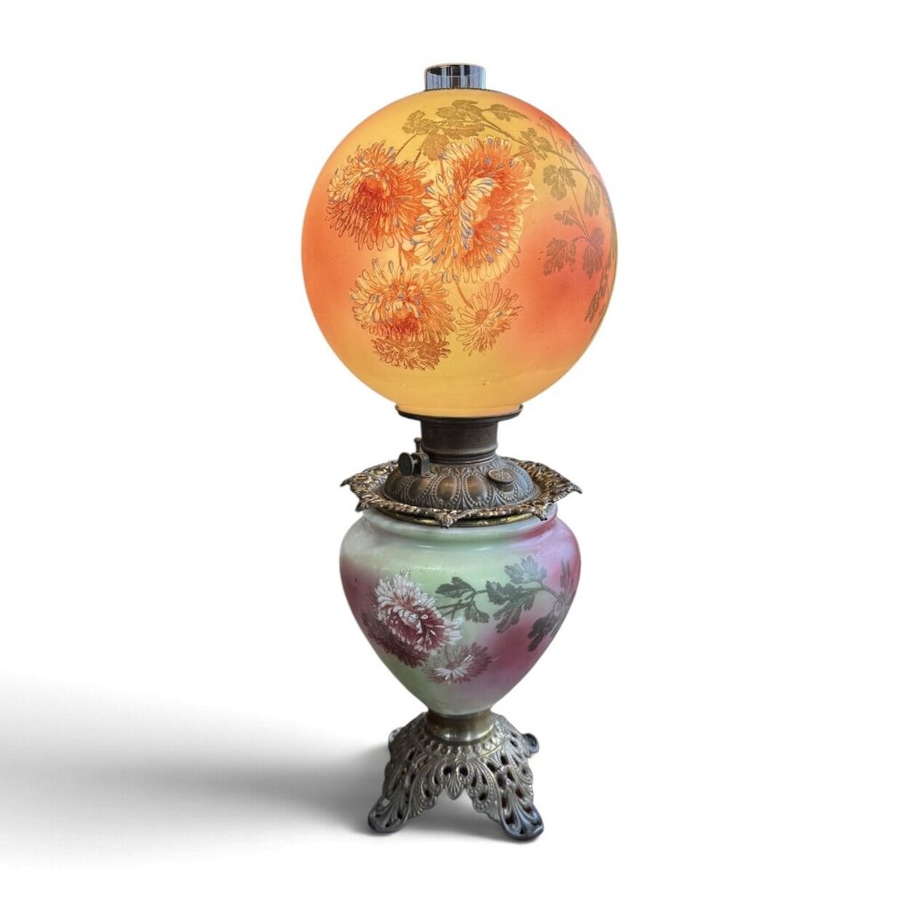 Antique Hand Painted Rose Floral Green & Pink Globe Glass Parlor Lamp