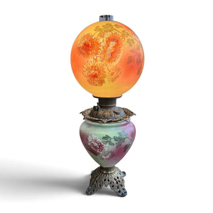 Antique Hand Painted Rose Floral Green & Pink Globe Glass Parlor Lamp