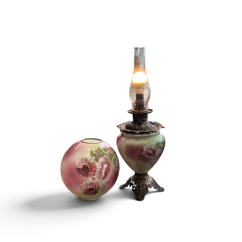 Antique Hand Painted Rose Floral Green & Pink Globe Glass Parlor Lamp