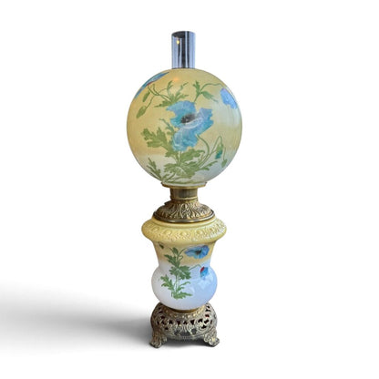 Antique Hand Painted Floral Blue Poppy Globe Glass Parlor Lamp