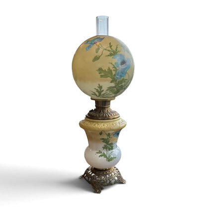 Antique Hand Painted Floral Blue Poppy Globe Glass Parlor Lamp