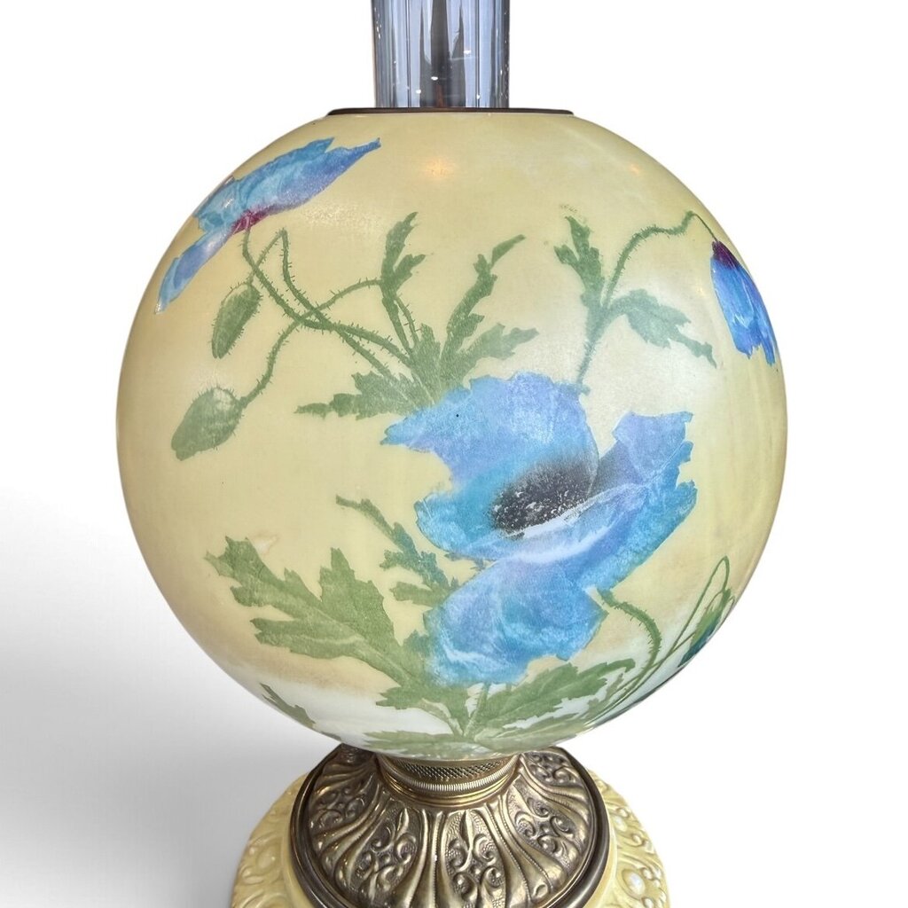 Antique Hand Painted Floral Blue Poppy Globe Glass Parlor Lamp