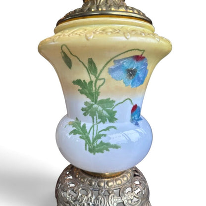 Antique Hand Painted Floral Blue Poppy Globe Glass Parlor Lamp