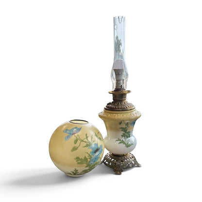 Antique Hand Painted Floral Blue Poppy Globe Glass Parlor Lamp