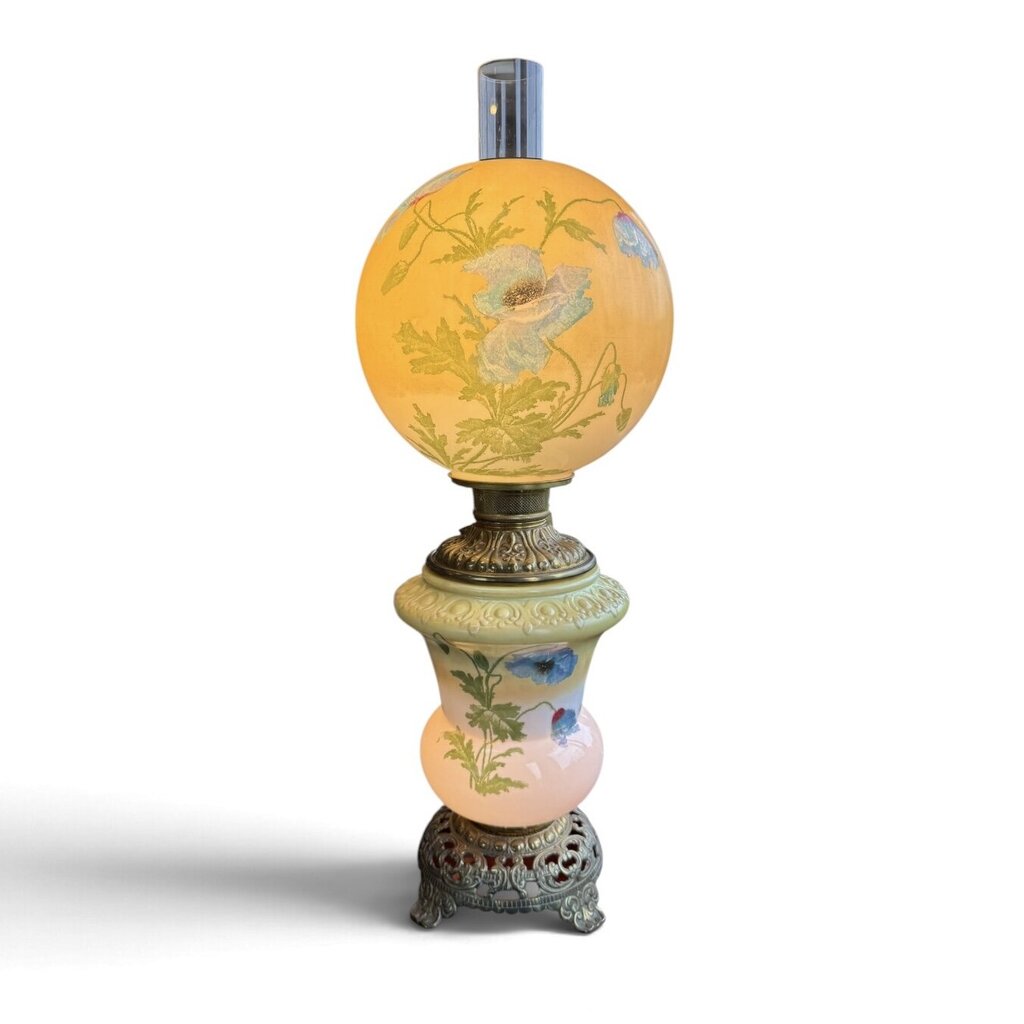 Antique Hand Painted Floral Blue Poppy Globe Glass Parlor Lamp