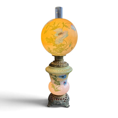 Antique Hand Painted Floral Blue Poppy Globe Glass Parlor Lamp