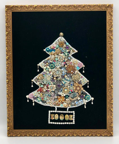Vintage Framed Jewelry Art Christmas Tree on Velvet 18x22 /b